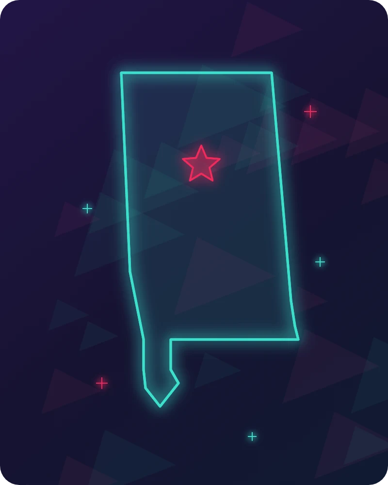 Neon outline of Alabama with a star on Birmingham on a deep purple card — John C. Hubbard, LLC Alabama injury law