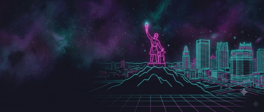 Neon-style illustration of the Birmingham, Alabama skyline with the Vulcan statue, representing John C. Hubbard, LLC personal injury law